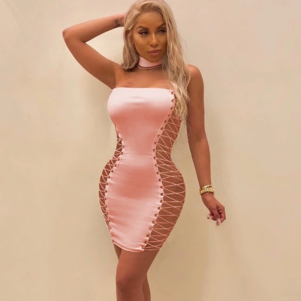 Eyelet Lace-up Choker Strapless Mini Dress